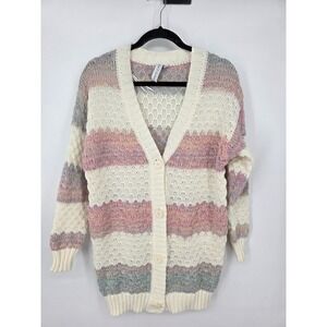 Grace + Karma Chunky Knit Cardigan Sweater Pastel Stripe Open Front Womens XS S